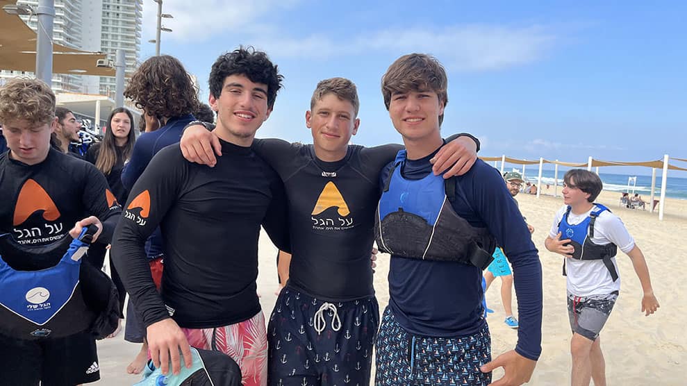 Medium shot, three boys on beach